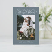 Elegant Script Typography Dots Wedding Slate Blue Bedankkaart (Staand voorkant)