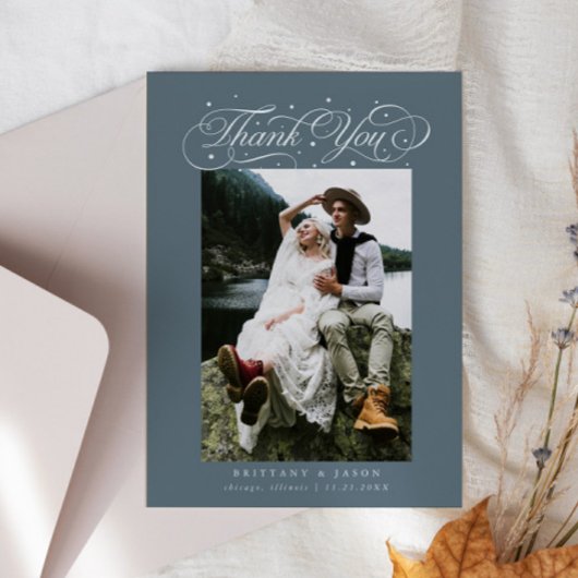 Elegant Script Typography Dots Wedding Slate Blue Bedankkaart