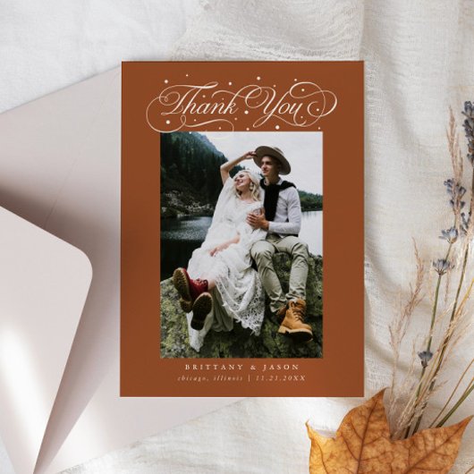 Elegant Script Typography Dots Wedding Terracotta Bedankkaart