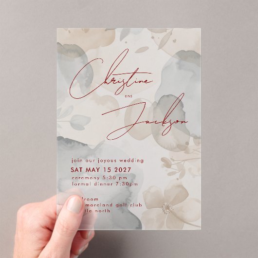 Elegant Script Typography Modern Cream Wedding Acryl Uitnodigingen (Insitu (Draagbaar))