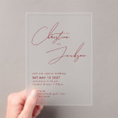 Elegant Script Typography Modern Maroon Wedding Acryl Uitnodigingen (Insitu (Draagbaar))