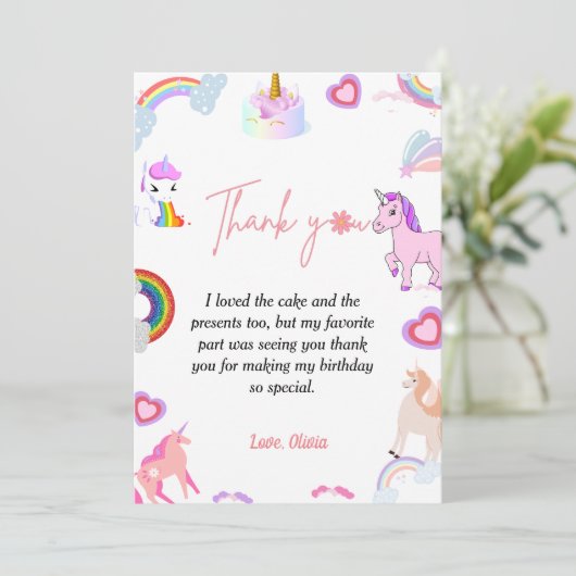 Elegant script unicorn verjaardag bedankt je kaart (Staand voorkant)