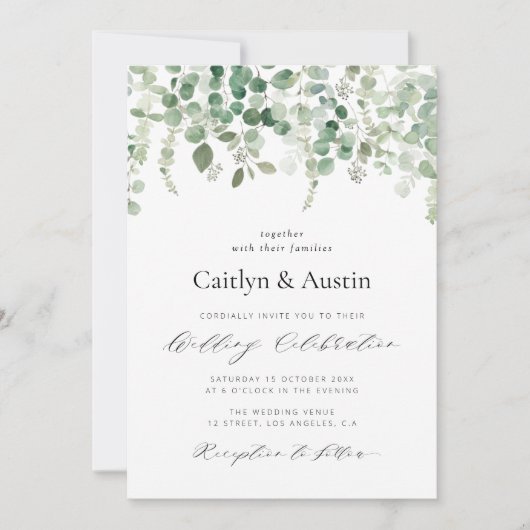 élégant script vert faire-part de mariage floral (Devant)