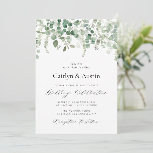 élégant script vert faire-part de mariage floral (Debout devant)