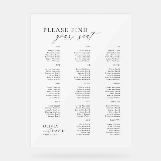 Elegant script Vind uw stoel bruiloft acryl teken Bord (Voorkant)