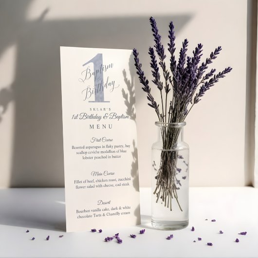 Elegant Script Violet Baby's 1e verjaardag Baptism Menu