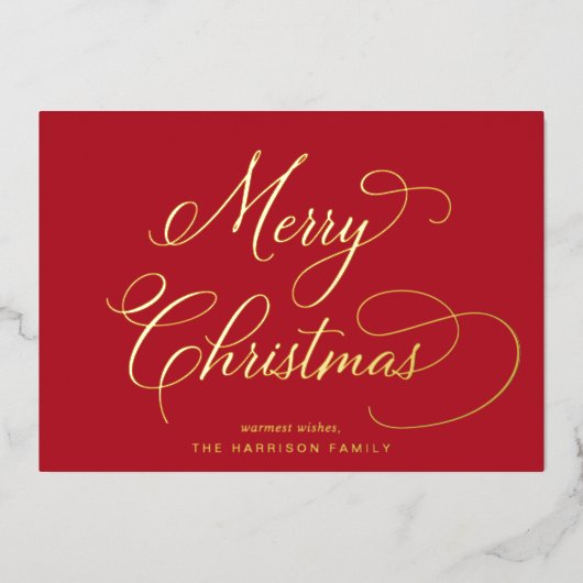 Elegant script Vrolijk kerstrood Folie Feestdagenkaart (Voorkant)