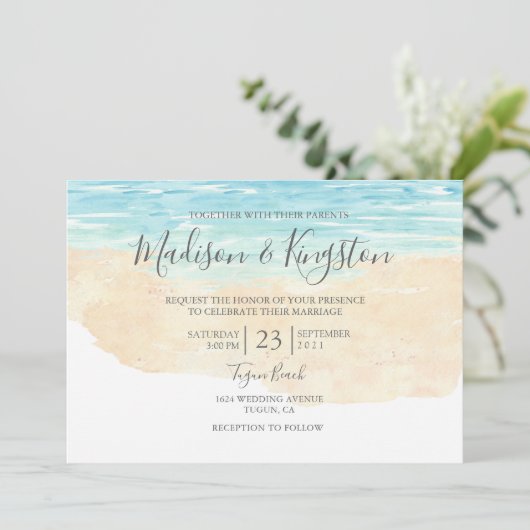 Elégant Script Watercolor Plage Mariage Invitation (Debout devant)