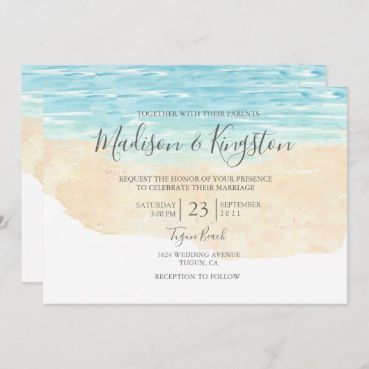 Elégant Script Watercolor Plage Mariage Invitation (Devant / Derrière)