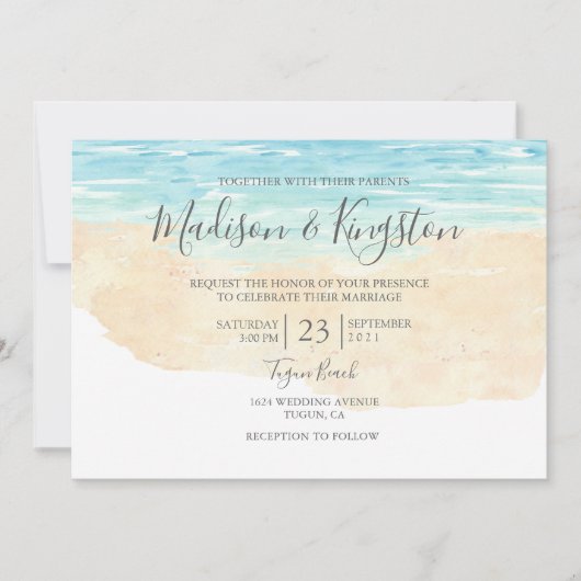 Elegant Script Waterverf Beach Wedding Invitation Kaart (Voorkant)
