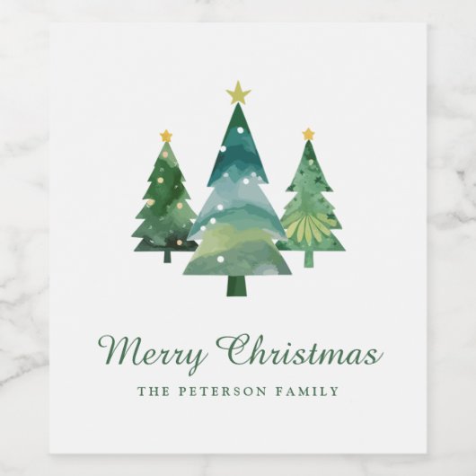 Elegant script Waterverf kerstbomen Wijn Etiket (Enkel label)