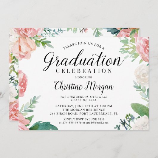 Elegant Script Waterverf Peach Floral Afstuderen Kaart (Voorkant / Achterkant)