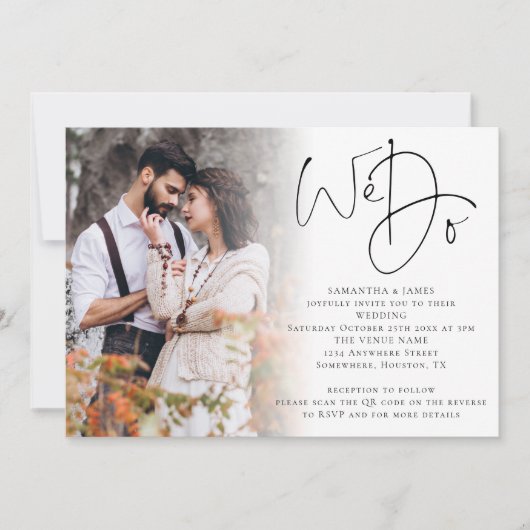Elegant script we Photo Overlay QR Code Weddenscha Kaart (Voorkant)