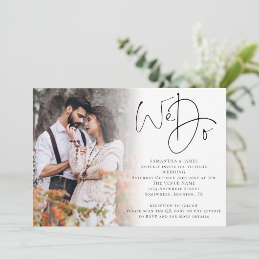 Elegant script we Photo Overlay QR Code Weddenscha Kaart (Staand voorkant)
