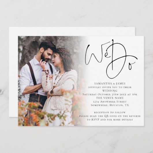 Elegant script we Photo Overlay QR Code Weddenscha Kaart (Voorkant / Achterkant)