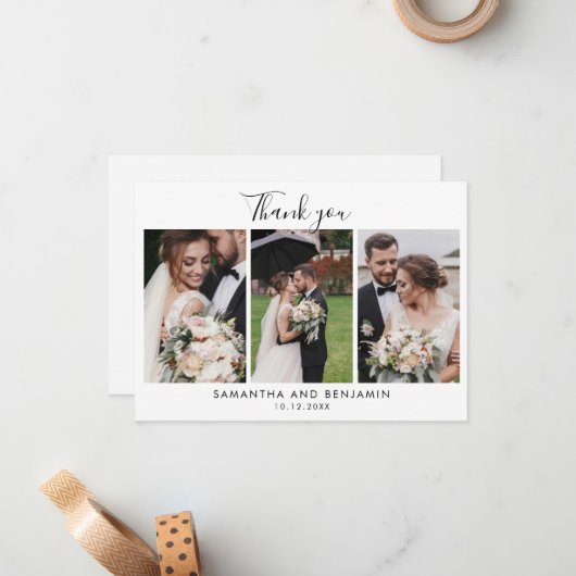Elegant Script Wedding 3 foto's Bedankt Notitiekaartje (Voorkant / Achterkant in situ)