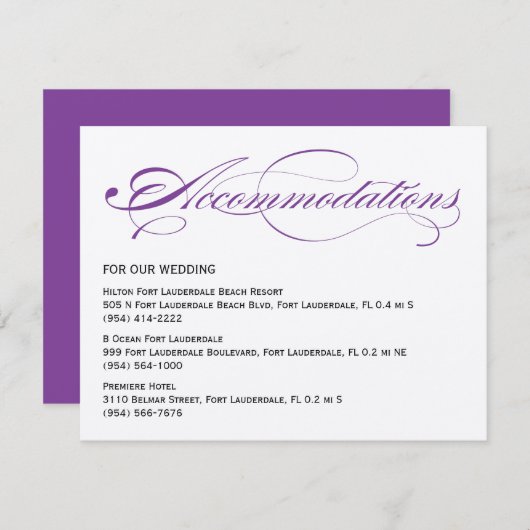 Elegant Script Wedding Accommodations - Paars Informatiekaartje (Voorkant / Achterkant)