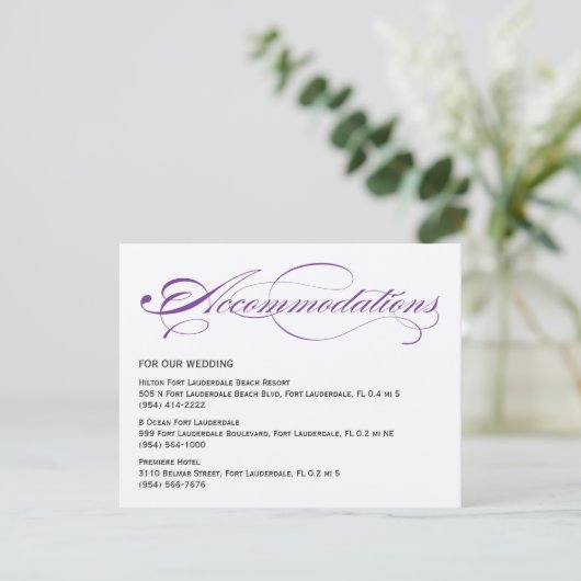 Elegant Script Wedding Accommodations - Paars Informatiekaartje (Staand voorkant)
