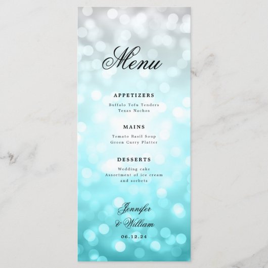 Elegant Script Wedding Beach Bokeh Lights Menu (Voorkant)