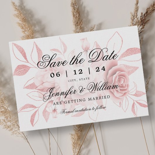 Elegant Script Wedding Blush Roos Gold Floral Save The Date