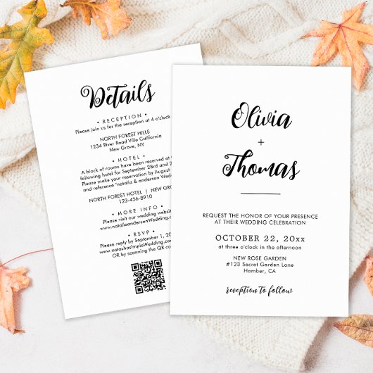Elegant Script Wedding Details QR Code & Kaart