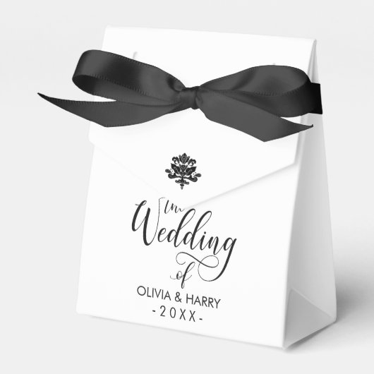 Elegant Script Wedding Favor Box | Zwart Wit Bedankdoosjes (Voorkant Zijde)