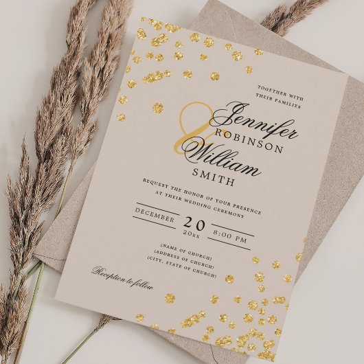 Elegant Script Wedding Gold Confetti Champagne Kaart