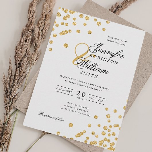Elegant Script Wedding Gold Confetti QR RSVP Kaart
