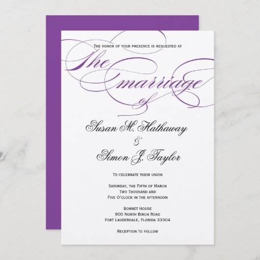 Elegant Script Wedding Invitation - Paars Kaart (Voorkant / Achterkant)