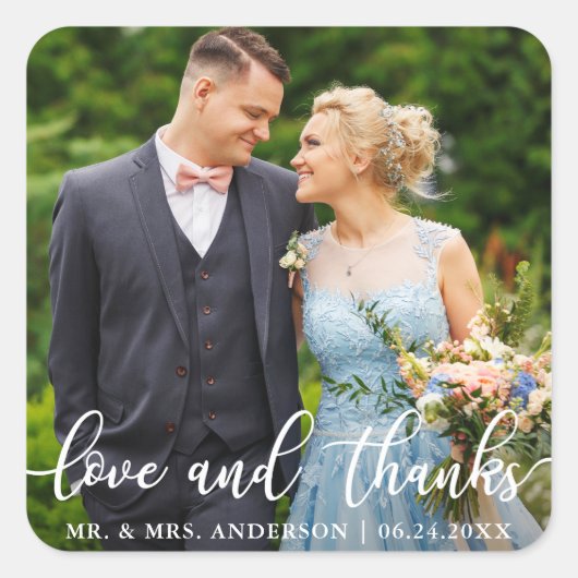 Elegant Script Wedding Love and Bedankt Photo Vierkante Sticker (Voorkant)