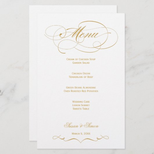 Elegant Script Wedding Menu (Gold) (Voorkant / Achterkant)