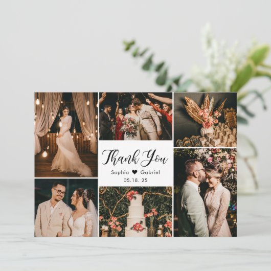 Elegant Script Wedding Multi Photo Collage Bedankkaart (Staand voorkant)