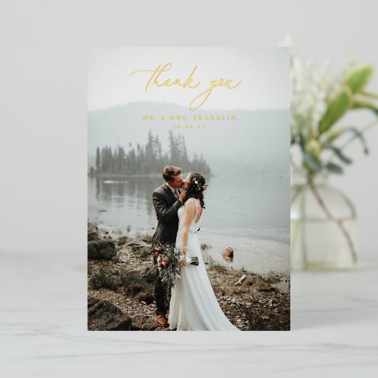 Elegant Script Wedding Photo Folie Hartelijk dank Folie Uitnodiging (Staand Voorkant)
