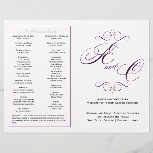 Elegant Script Wedding Program - Eggplant Paars (Voorkant)