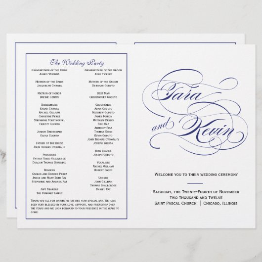 Elegant Script Wedding Program - Navy (Voorkant / Achterkant)