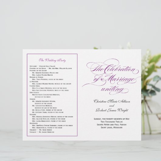 Elegant Script Wedding Program - Paars (Staand voorkant)