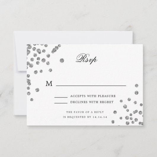 Elegant Script Wedding RSVP Silver Confetti (Voorkant)