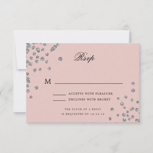 Elegant Script Wedding RSVP Silver Confetti Blush (Voorkant)