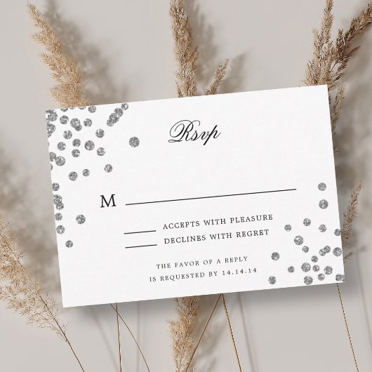 Elegant Script Wedding RSVP Silver Confetti Zwart