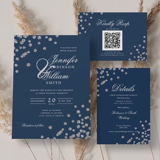 Elegant Script Wedding Silver Confetti QR Navy Kaart