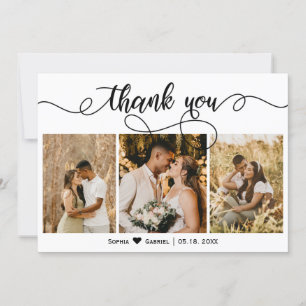 Elegant Script Wedding Three Photo Collage  Bedankkaart
