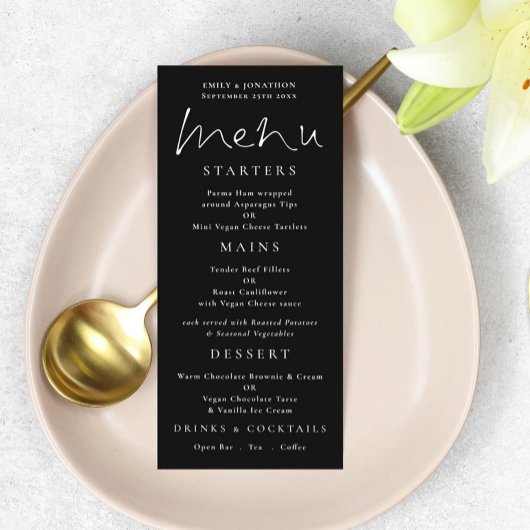 Elegant Script White Black Wedding Menu