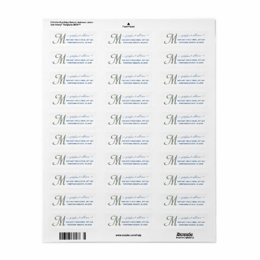 Elegant Script White Blue Custom Monogram Adres Etiket (Full Sheet)