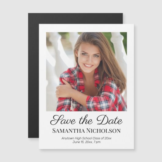 Elegant Script White Photo Afstuderen Save Date (Voorkant / Achterkant)