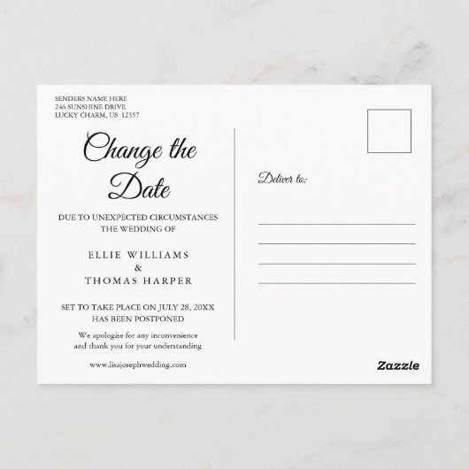 Elegant script Wijzig de datum uitgestelde foto Briefkaart (Achterkant)