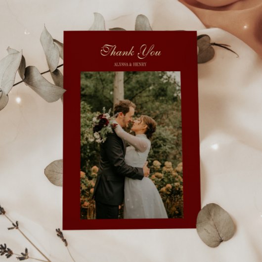 Elegant Script Wine Red Wedding Photo Bedankkaart