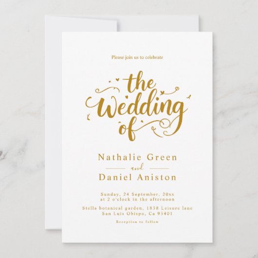 Elegant script wit en goud moderne bruiloft kaart (Voorkant)