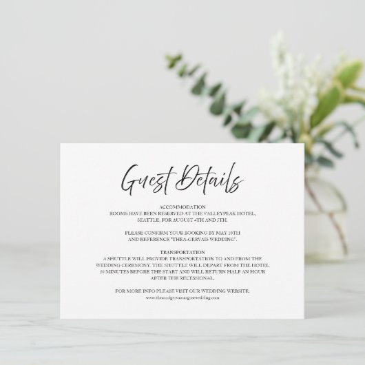 Elegant Script Wit Minimale Bruiloft Gast Details Informatiekaartje (Staand voorkant)