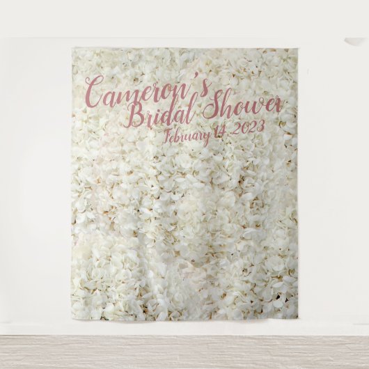 Elegant Script Witte Bloem Bruidsfeest Backdrop Wandkleed (Voorkant)