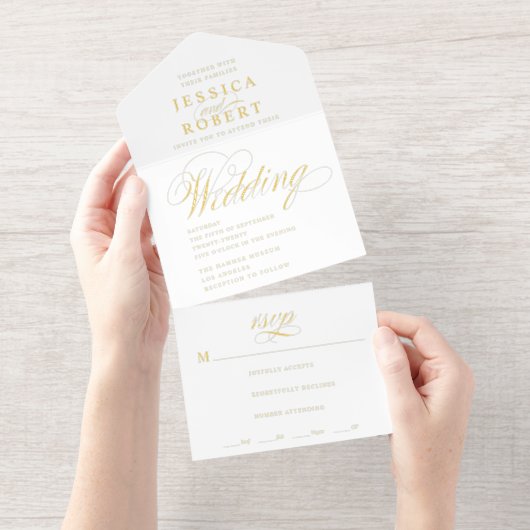 Elegant Script Witte Kalligrafie Huwelijk Folie All In One Uitnodiging (Uittrekbaar)
